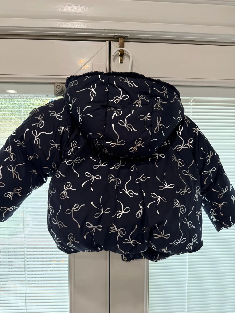 GAP Navy Puffer Jacket with White Bow Print and Faux Fur Hood